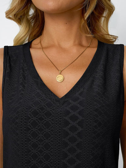Womens Summer Tank Top Eyelet Embroidery V Neck Sleeveless Loose Fit Casual Shirt