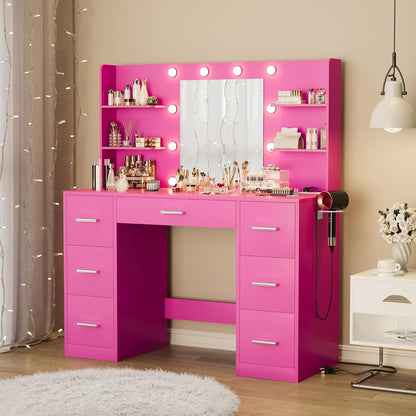Furmax Vanity Desk with Mirror LED Lights and Power Outlet Makeup Vanity Table