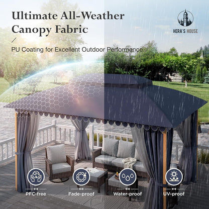 10x13 Outdoor with Screened Double Roof Heavy-Duty Patio Canopy Tent Dark Blue
