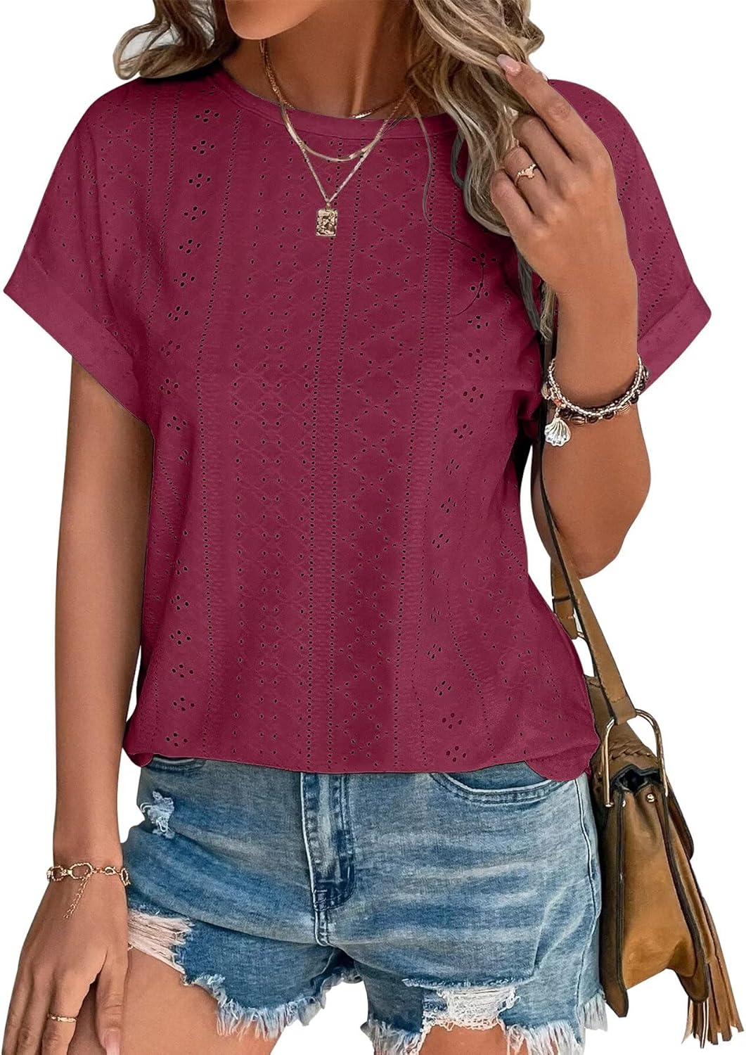 Womens Tops Eyelet Embroidery Summer Spring Curved Hem Short Sleeve Trendy T Shirts
