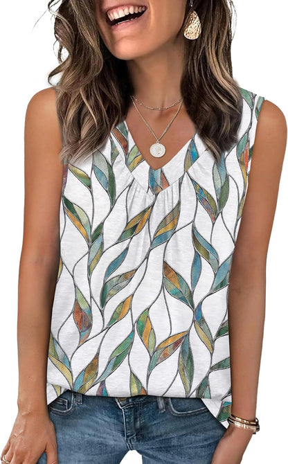 Womens V Neck Tank Top Loose Fit Sleeveless Summer Shirt Ruched Tees and Tanks with Curved Hem