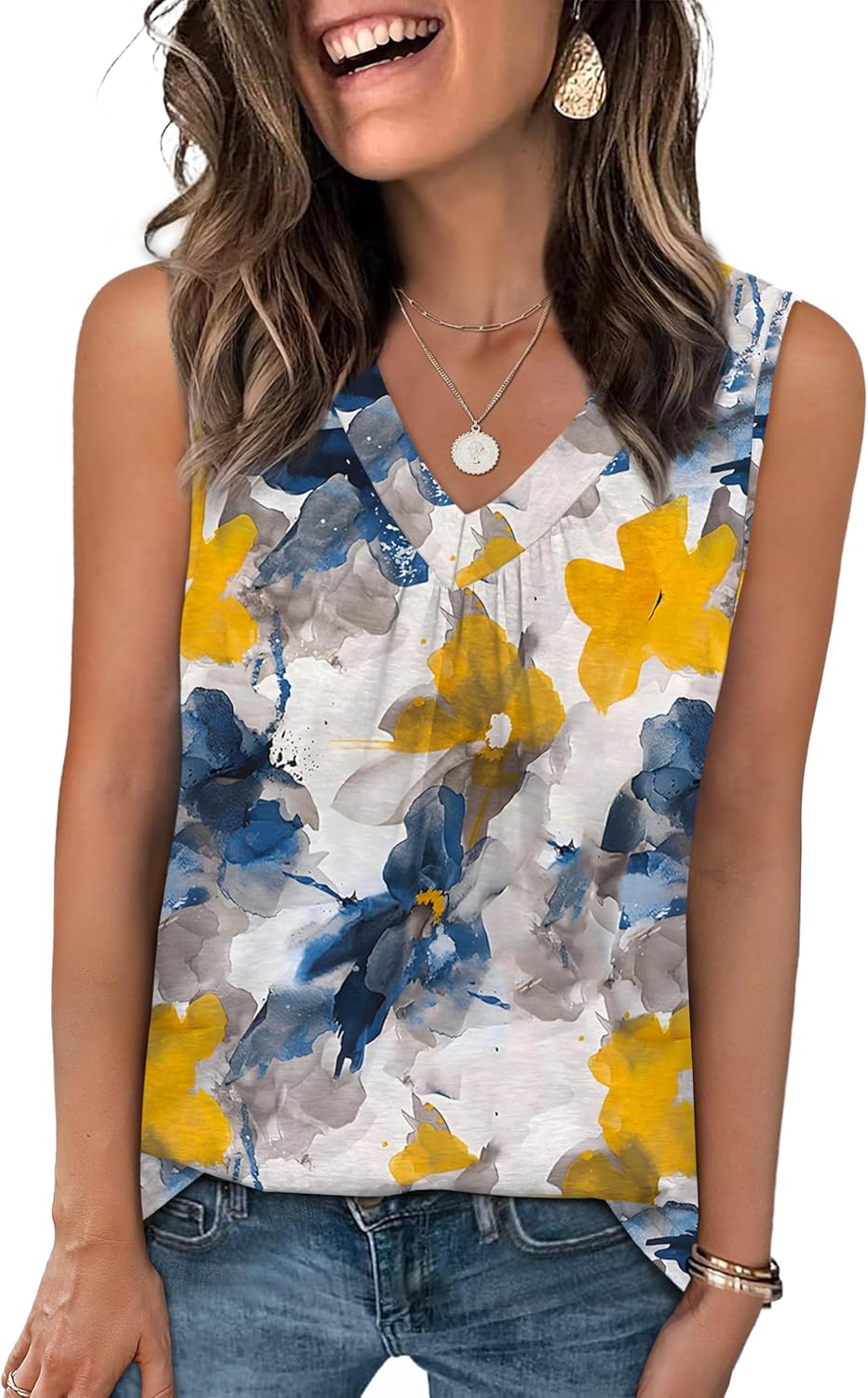 Womens V Neck Tank Top Loose Fit Sleeveless Summer Shirt Ruched Tees and Tanks with Curved Hem