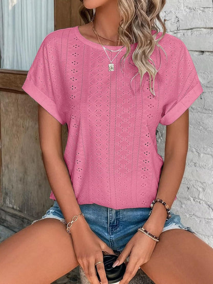 Womens Tops Eyelet Embroidery Summer Spring Curved Hem Short Sleeve Trendy T Shirts
