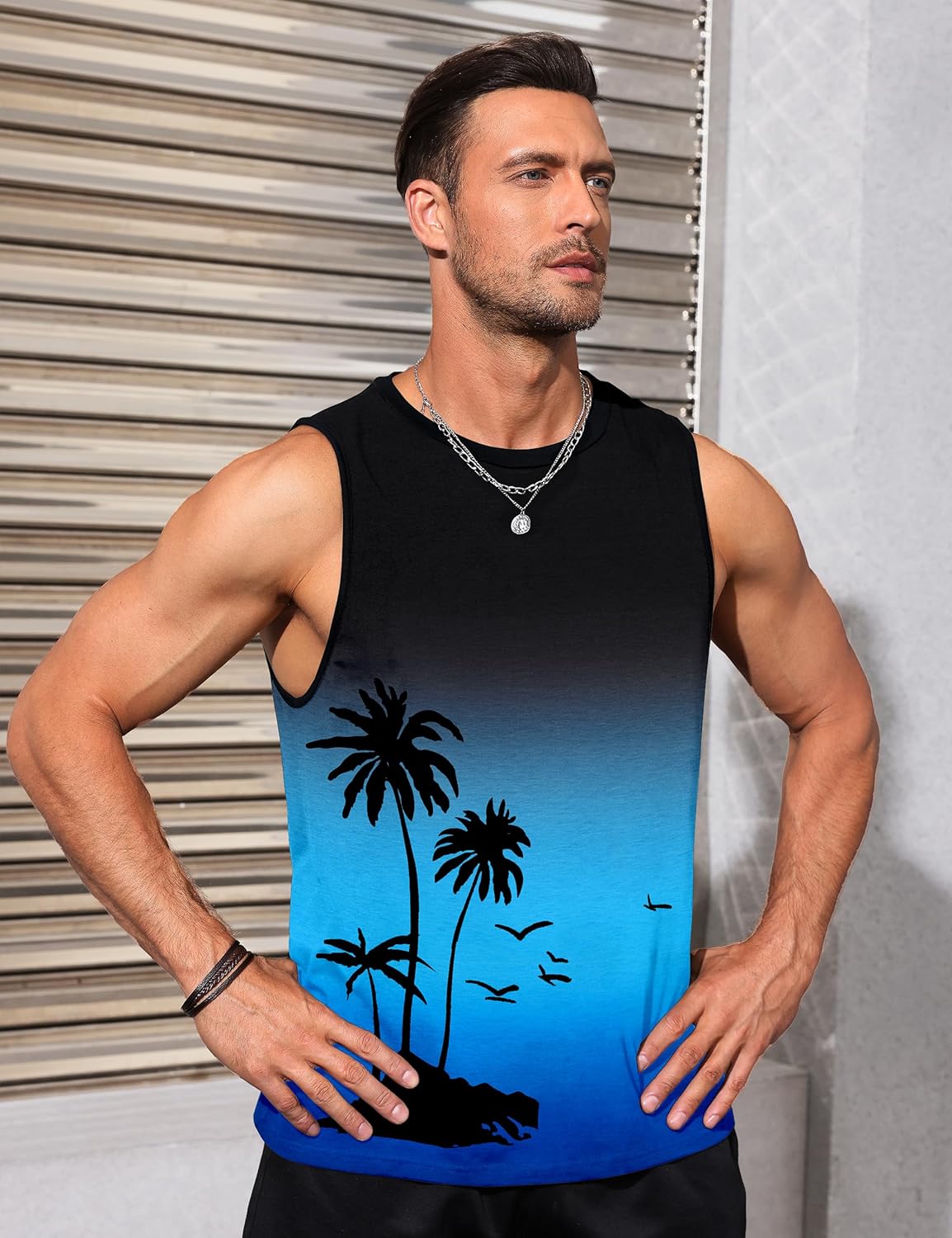 Mens Tank Tops Beach Summer Sleeveless Shirts Graphic Palm Tree Vacation