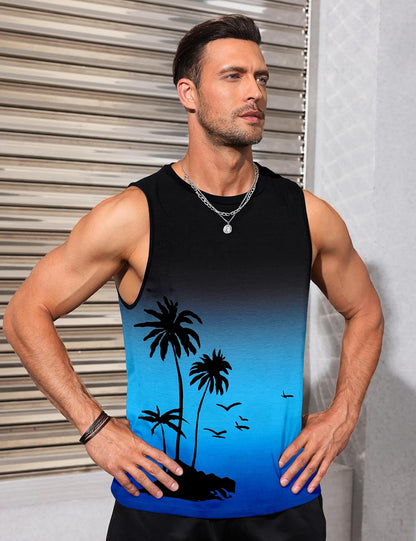 Mens Tank Tops Beach Summer Sleeveless Shirts Graphic Palm Tree Vacation