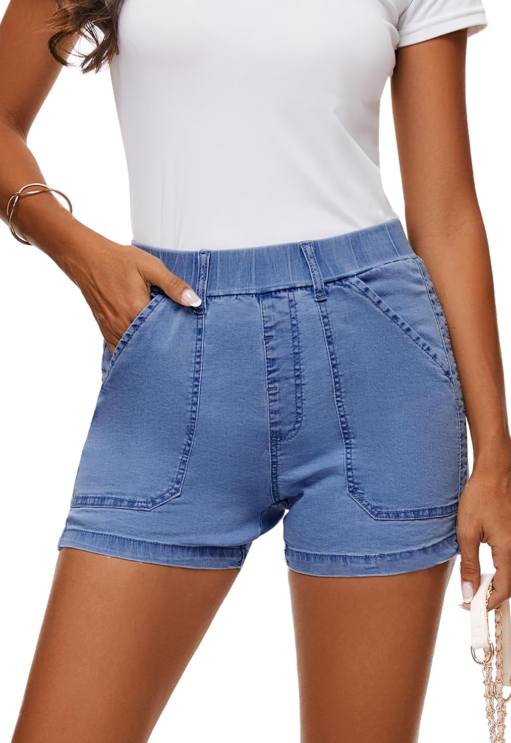 Womens Jean Shorts High Waisted Summer Cotton Elastic Waist Denim Shorts with Pockets