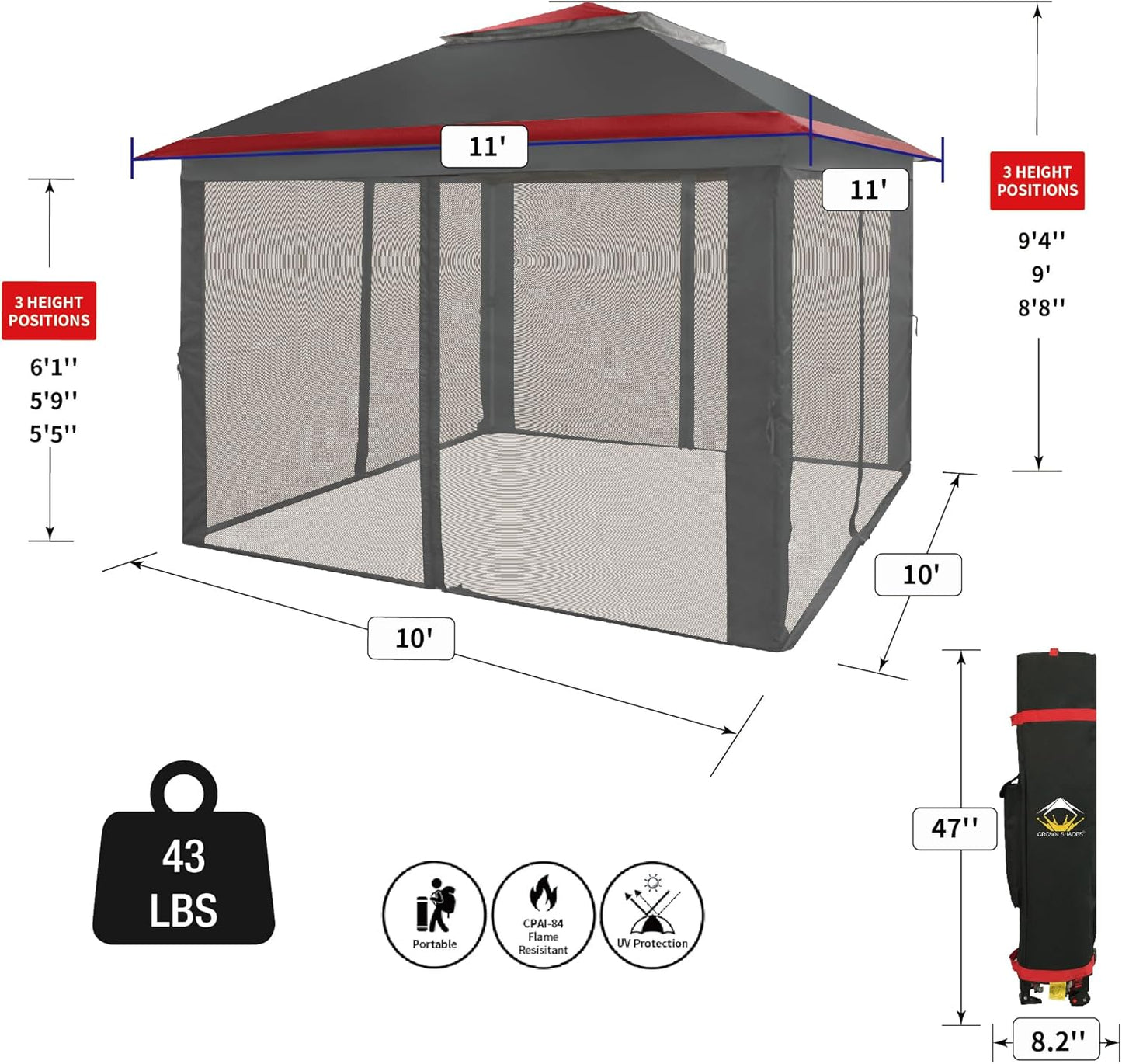13x13 Pop Up Gazebo Canopy Tent with Wheeled Storage Bag Grey