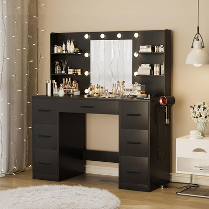Furmax Vanity Desk with Mirror LED Lights and Power Outlet Makeup Vanity Table