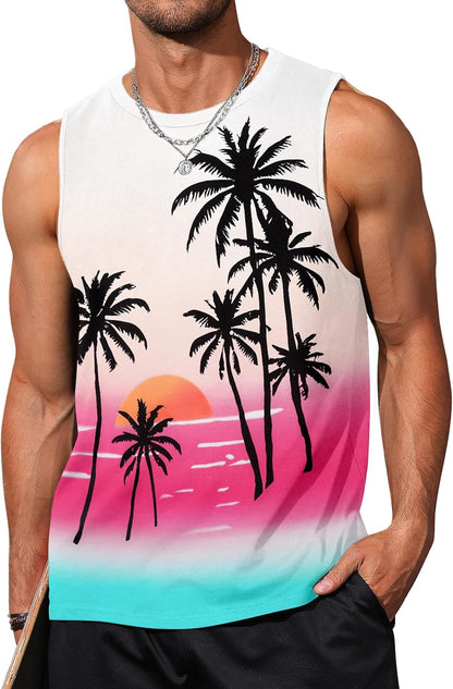 Mens Tank Tops Beach Summer Sleeveless Shirts Graphic Palm Tree Vacation