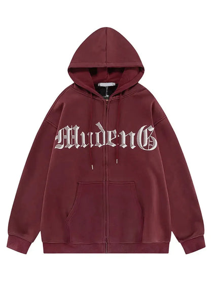 Gothic Letter Prints Zip Up Hoodie