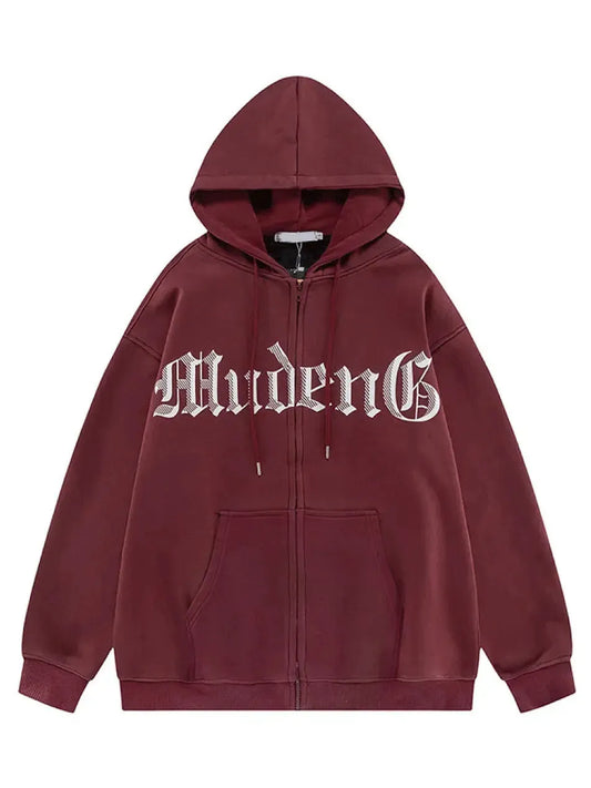 Gothic Letter Prints Zip Up Hoodie