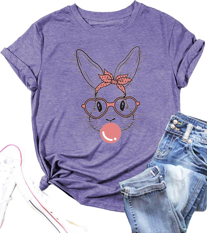 Funny Bunny Print T Shirt for Women Cute Grapic Leopard Shirts Family Blouse Gifts Easter Tops Tee