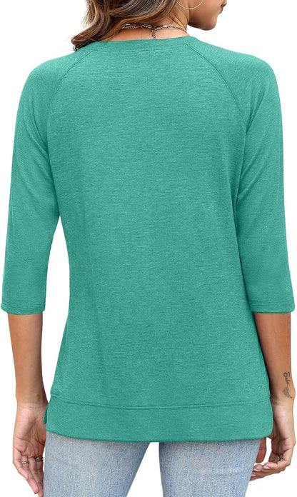 3/4 Sleeve Crew Neck Shirts Loose Fit Tunic Blouses Summer Tees