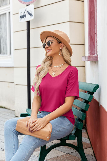 Short Sleeve Casual Shirts Floral Tee Basics V Neck Plain T-shirt