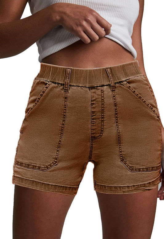 Womens Jean Shorts High Waisted Summer Cotton Elastic Waist Denim Shorts with Pockets