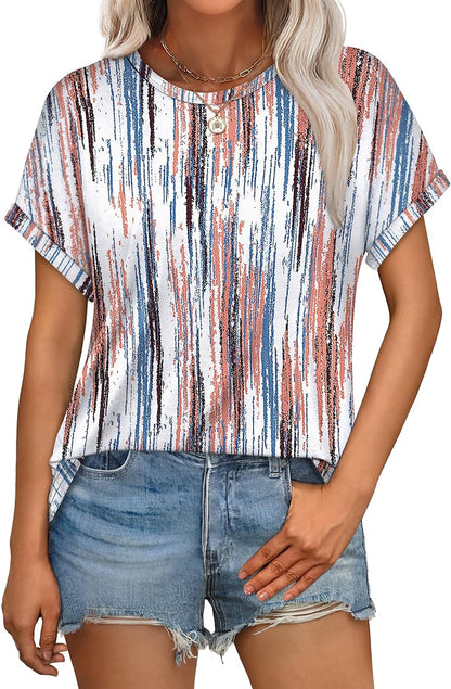Womens T Shirts Crew Neck Rolled Short Sleeve Basic Summer Tees Curved Hem