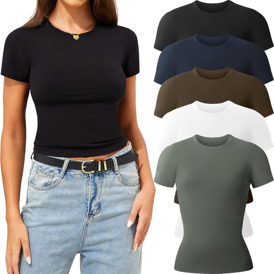 5 Pack Womens T Shirts Crew Neck Short Sleeve Shirts