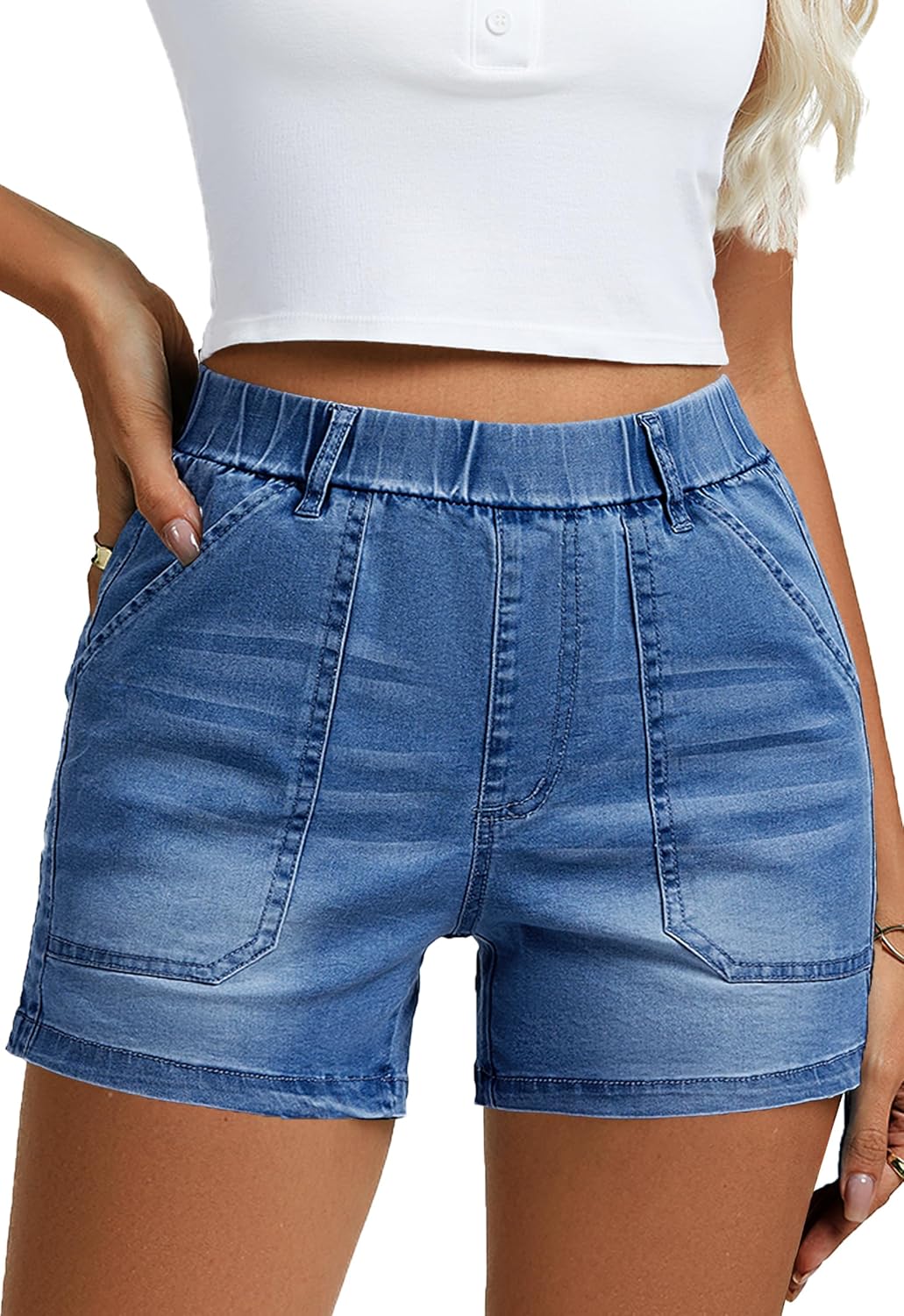 Womens Jean Shorts High Waisted Summer Cotton Elastic Waist Denim Shorts with Pockets