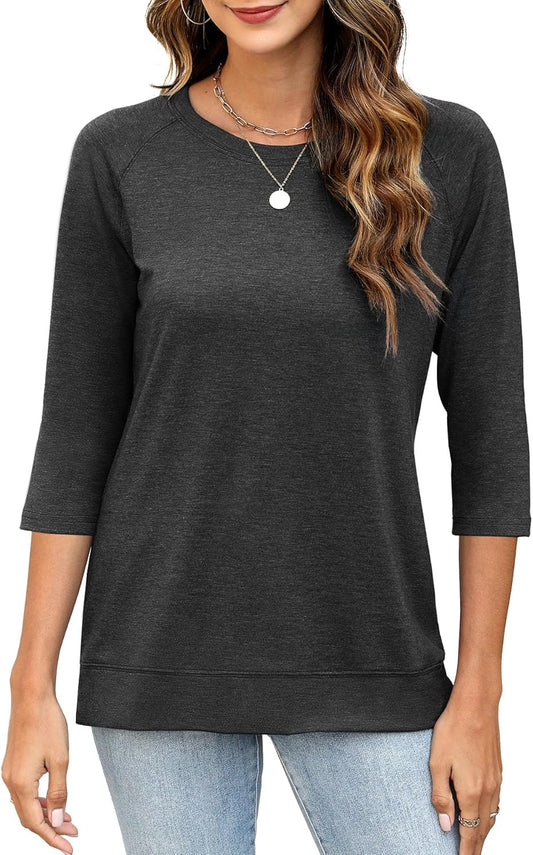 3/4 Sleeve Crew Neck Shirts Loose Fit Tunic Blouses Summer Tees