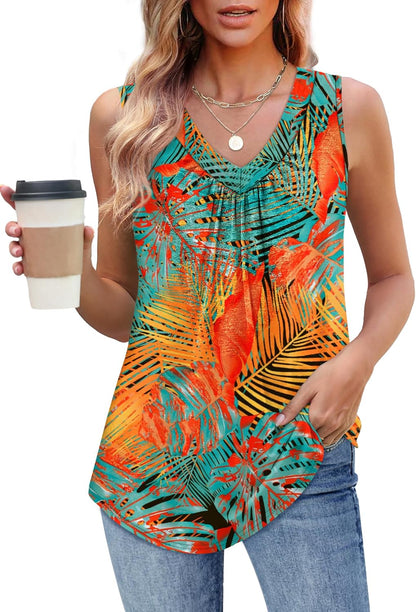 Womens V Neck Tank Top Loose Fit Sleeveless Summer Shirt Ruched Tees and Tanks with Curved Hem