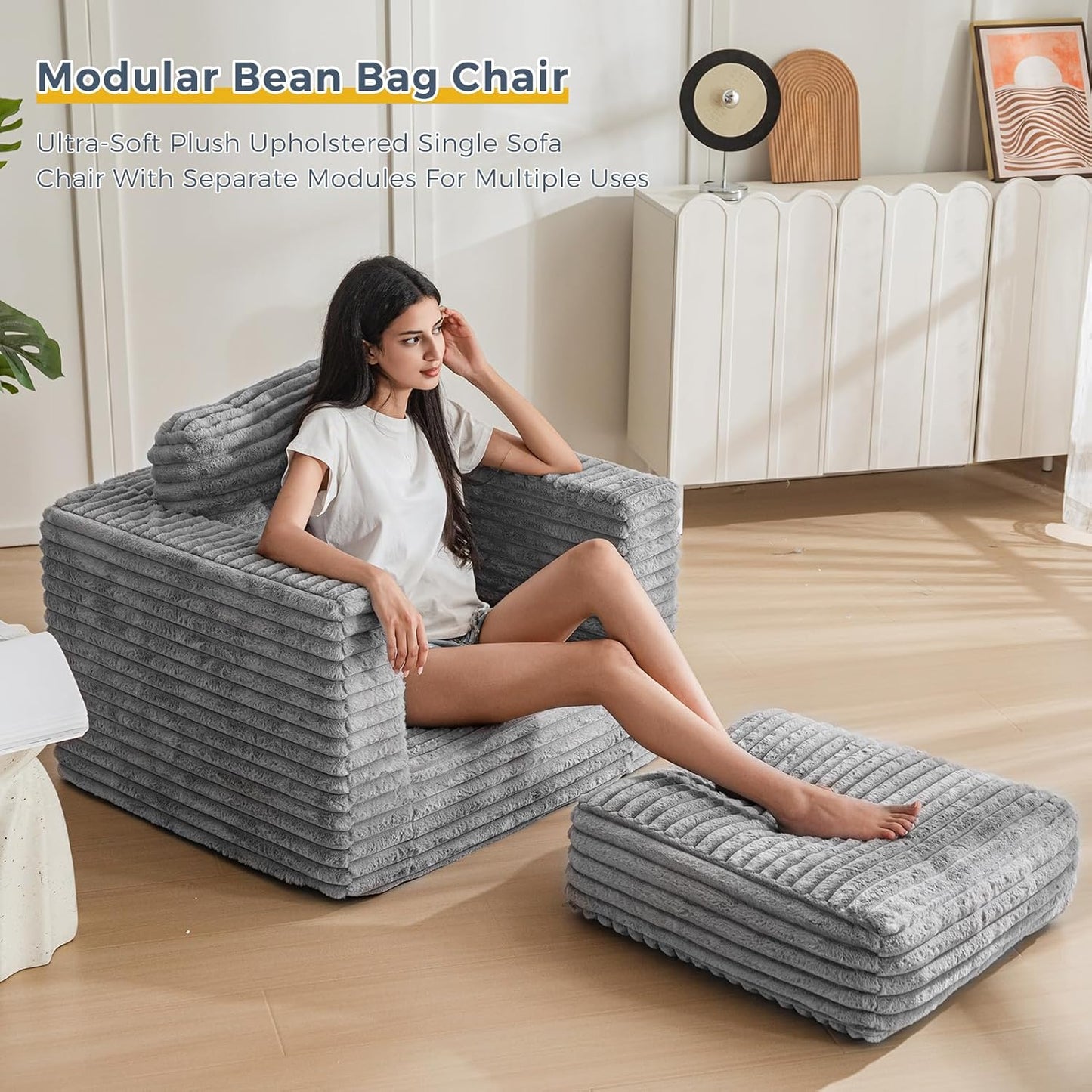 Plush Giant Bean Bag Sofa for Adults Floor Loveseat Chair with Armrests White