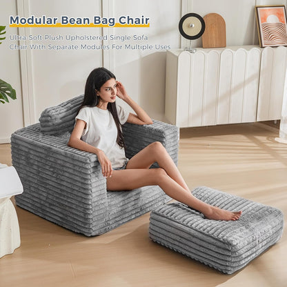 Plush Giant Bean Bag Sofa for Adults Floor Loveseat Chair with Armrests White