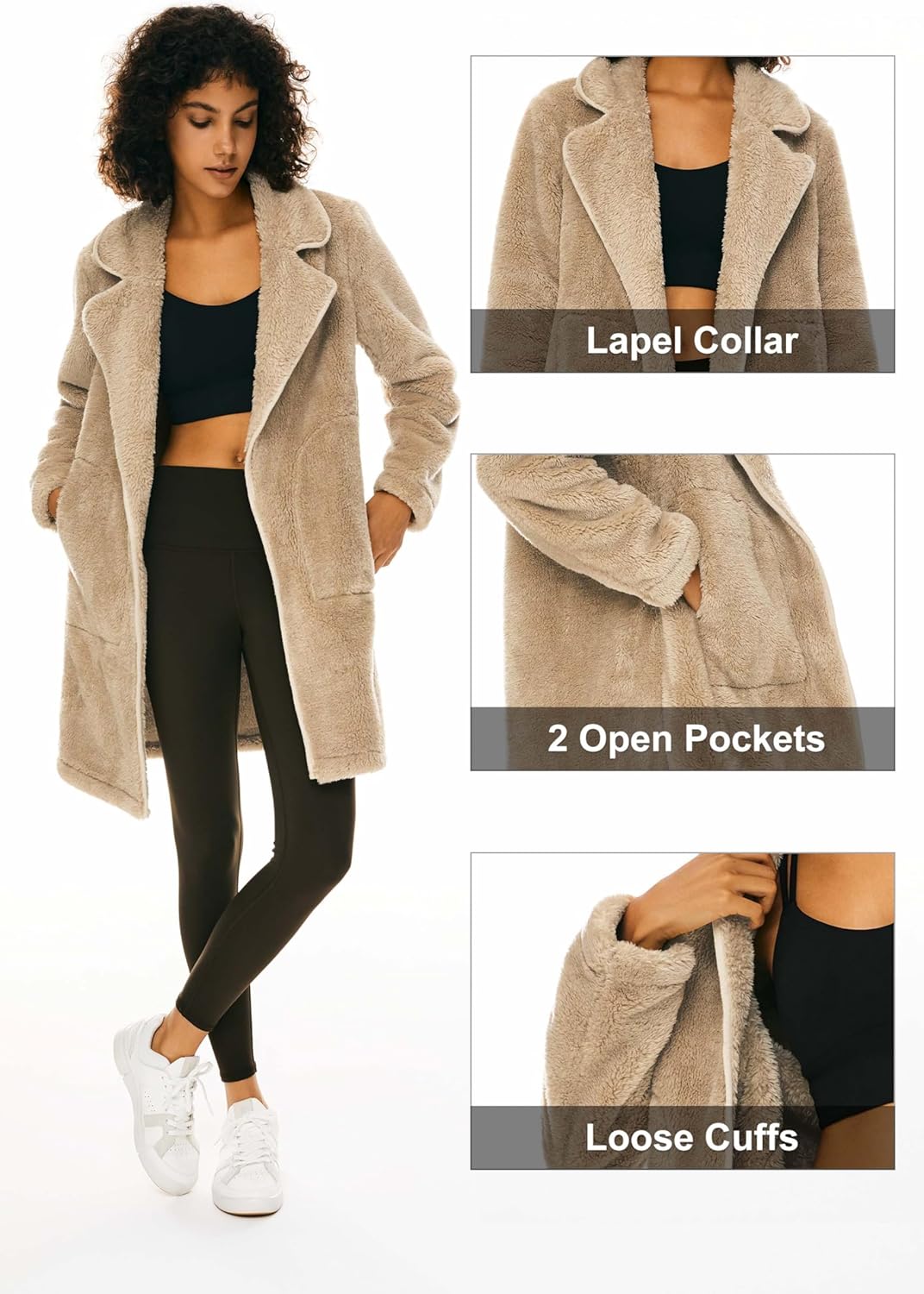 Women’s Fuzzy Fleece Faux Fur Jacket with Pockets Open Front