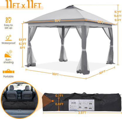 11x11 Pop Up Gazebo Canopy Tent with Mesh Netting and Sandbags