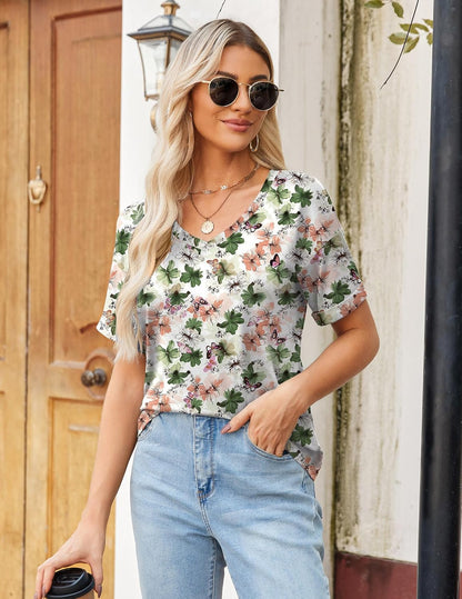 Short Sleeve Casual Shirts Floral Tee Basics V Neck Plain T-shirt