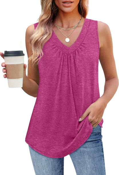 Womens V Neck Tank Top Loose Fit Sleeveless Summer Shirt Ruched Tees and Tanks with Curved Hem
