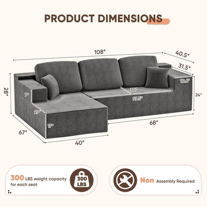108" Modular Sectional Sofa Boneless Couch with L-Shape Chaise