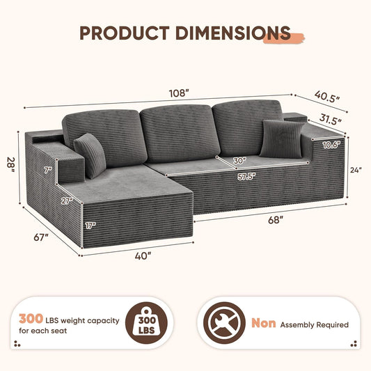 108" Modular Sectional Sofa Boneless Couch with L-Shape Chaise