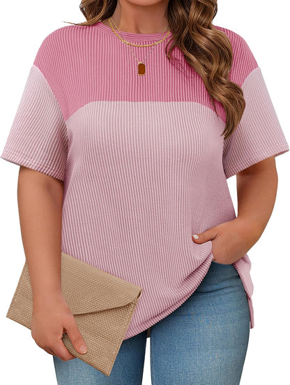 Womens Plus Size Short Sleeve Color Block Pullover Tunic Tops