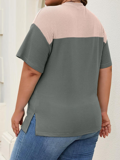 Womens Plus Size Short Sleeve Color Block Pullover Tunic Tops