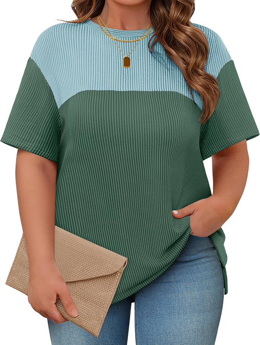 Womens Plus Size Short Sleeve Color Block Pullover Tunic Tops