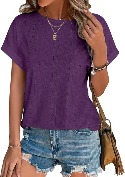 Womens Tops Eyelet Embroidery Summer Spring Curved Hem Short Sleeve Trendy T Shirts