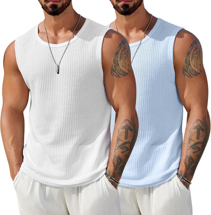 Mens Casual Tank Tops Waffle Knit Sleeveless Shirt Breathable Tank Shirts