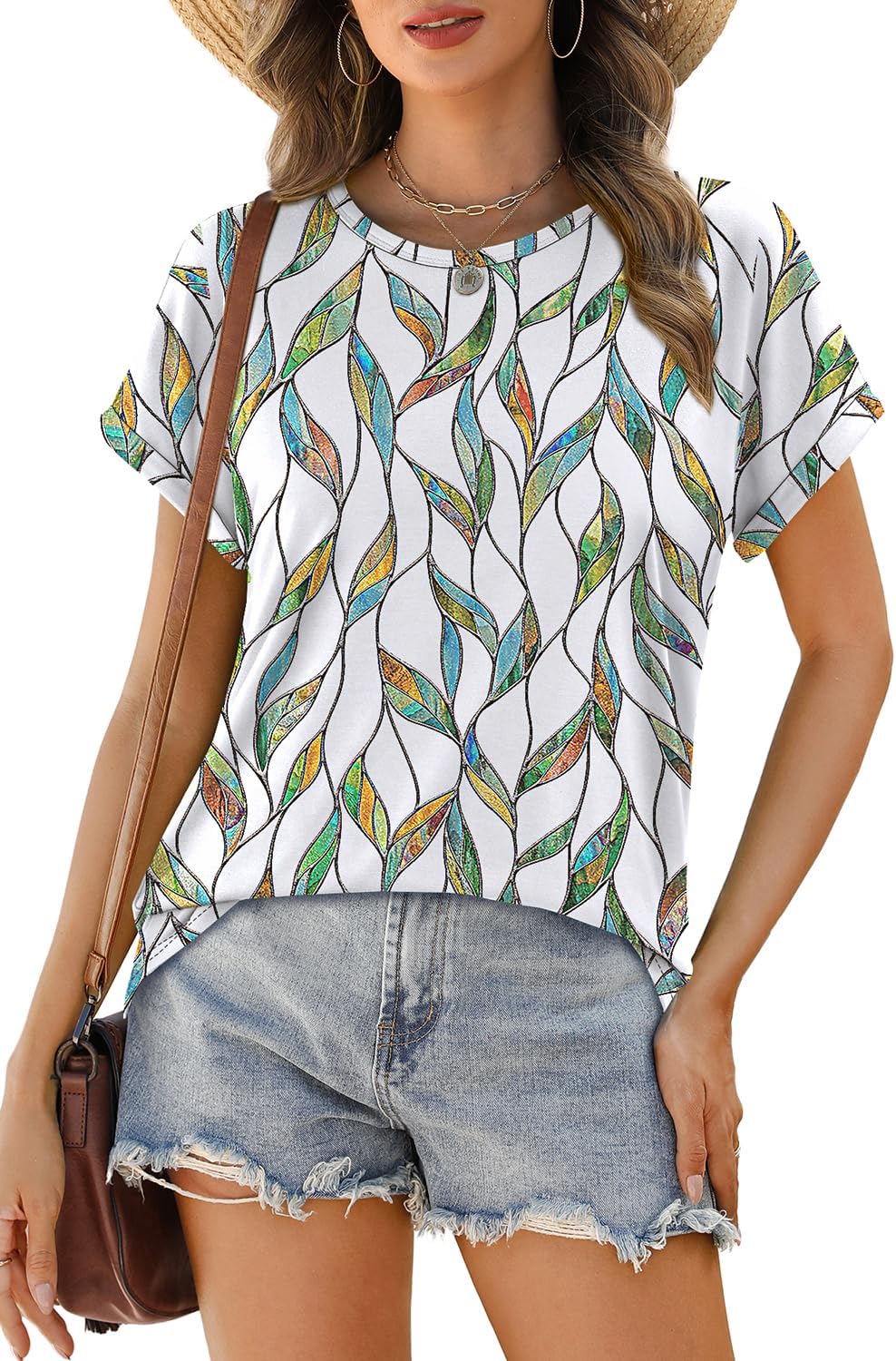 Womens T Shirts Crew Neck Rolled Short Sleeve Basic Summer Tees Curved Hem