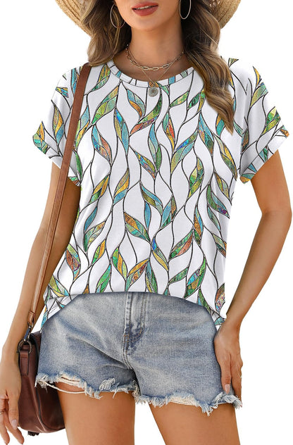 Womens T Shirts Crew Neck Rolled Short Sleeve Basic Summer Tees Curved Hem