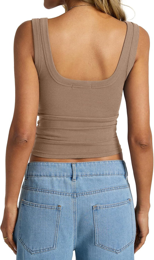 Womens Cotton Ribbed Square Neck Tank Tops