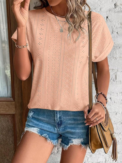 Womens Tops Eyelet Embroidery Summer Spring Curved Hem Short Sleeve Trendy T Shirts