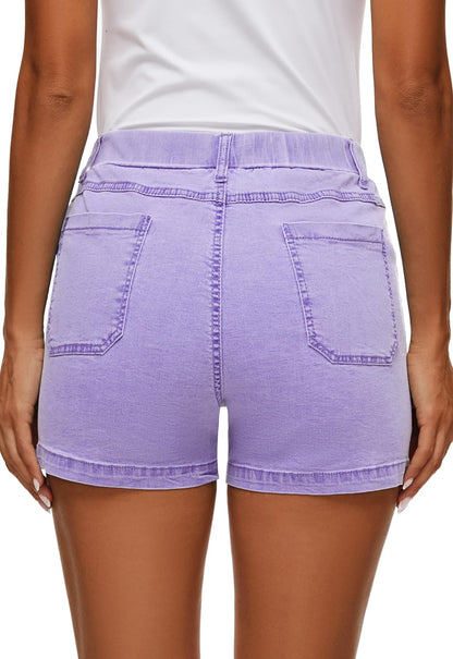 Womens Jean Shorts High Waisted Summer Cotton Elastic Waist Denim Shorts with Pockets