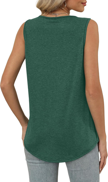 Womens V Neck Tank Top Loose Fit Sleeveless Summer Shirt Ruched Tees and Tanks with Curved Hem