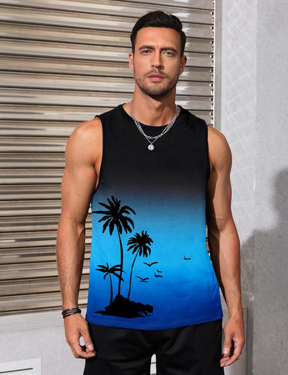 Mens Tank Tops Beach Summer Sleeveless Shirts Graphic Palm Tree Vacation