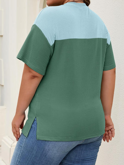 Womens Plus Size Short Sleeve Color Block Pullover Tunic Tops
