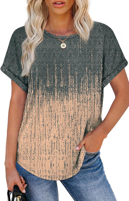 Womens T Shirts Crew Neck Rolled Short Sleeve Basic Summer Tees Curved Hem