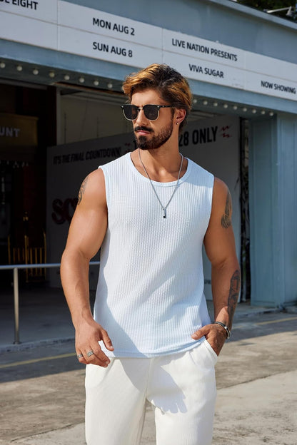 Mens Casual Tank Tops Waffle Knit Sleeveless Shirt Breathable Tank Shirts