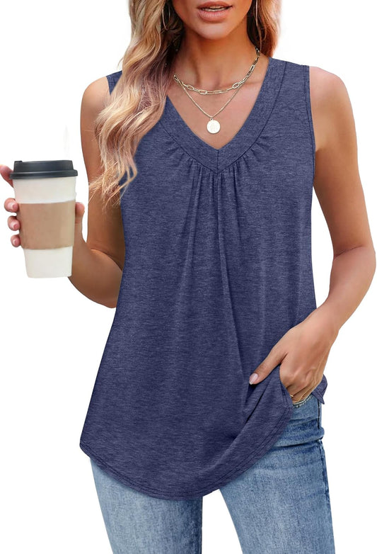 Womens V Neck Tank Top Loose Fit Sleeveless Summer Shirt Ruched Tees and Tanks with Curved Hem