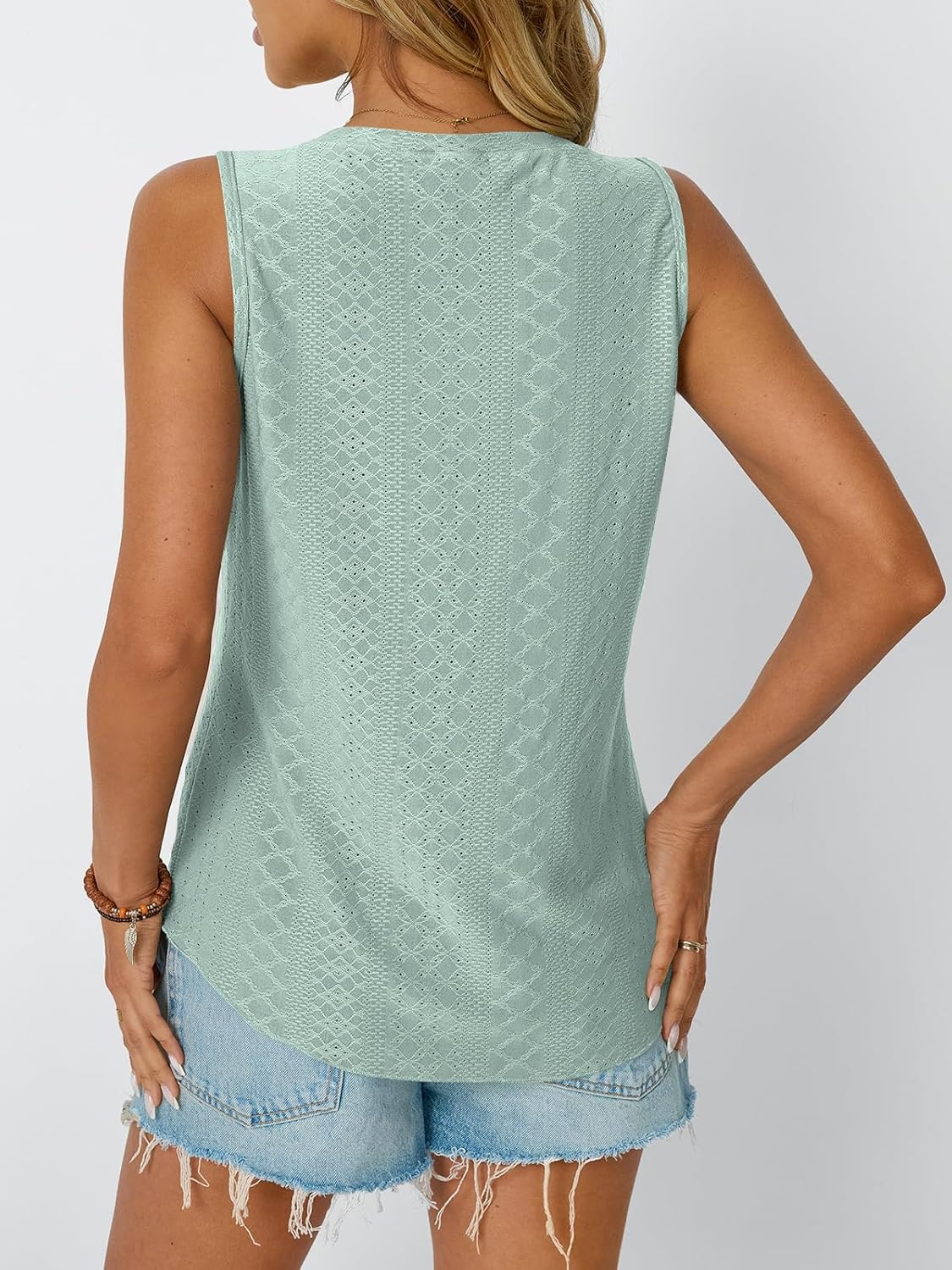 Womens Summer Tank Top Eyelet Embroidery V Neck Sleeveless Loose Fit Casual Shirt