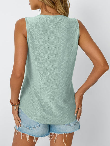 Womens Summer Tank Top Eyelet Embroidery V Neck Sleeveless Loose Fit Casual Shirt